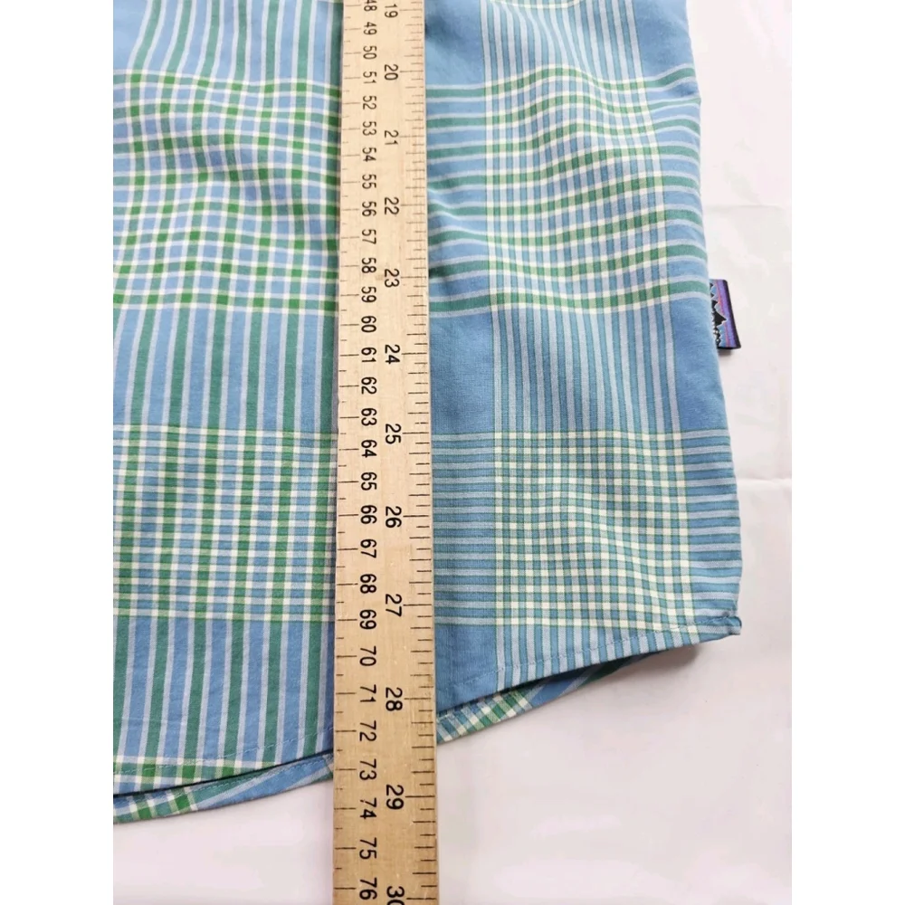 Patagonia Men's Go To Shirt Short Sleeve Plaid Blue Green Organic Cotton Size L